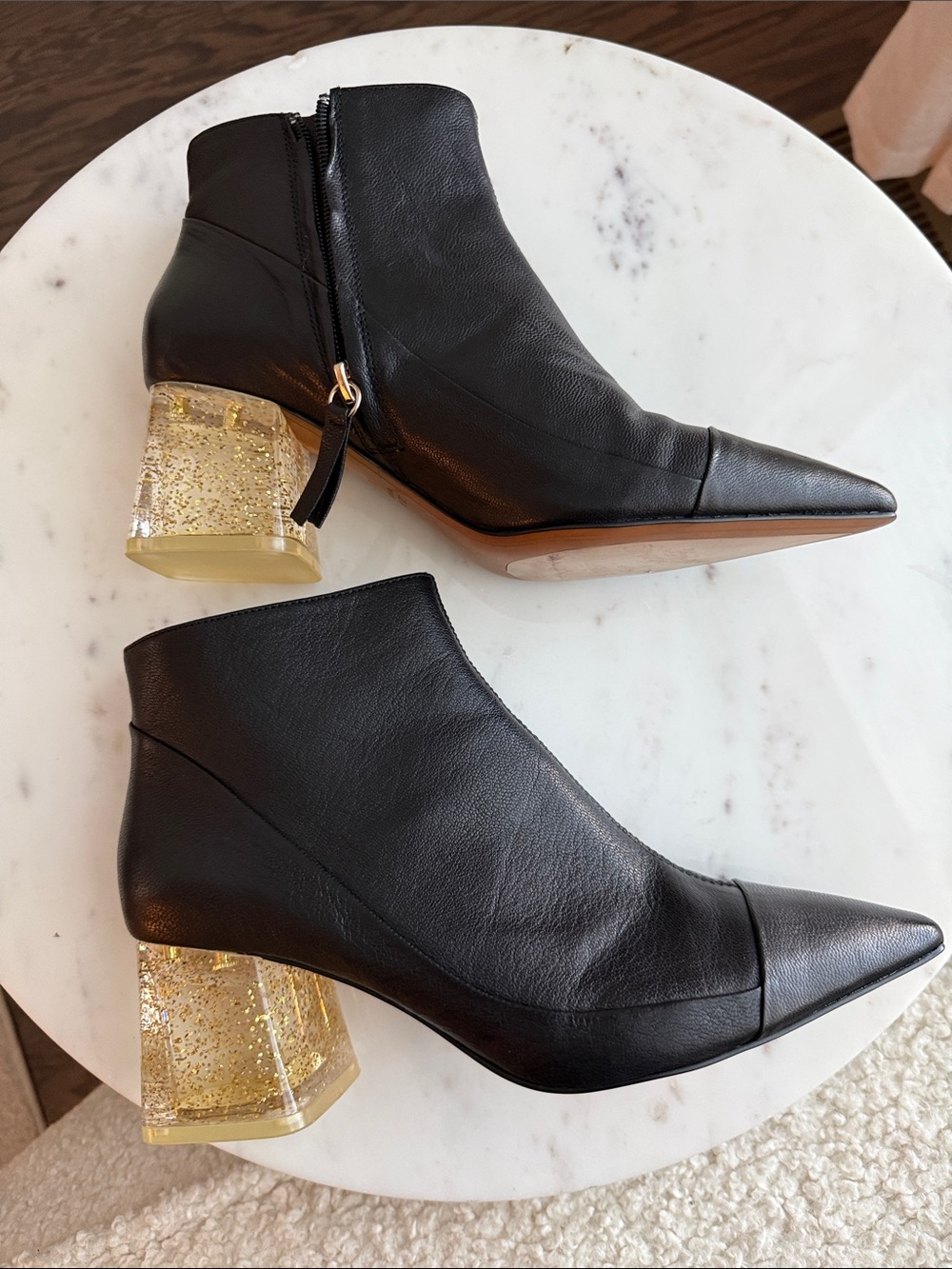 Zara Black Ankle Boots with Gold Glitter Block Heel